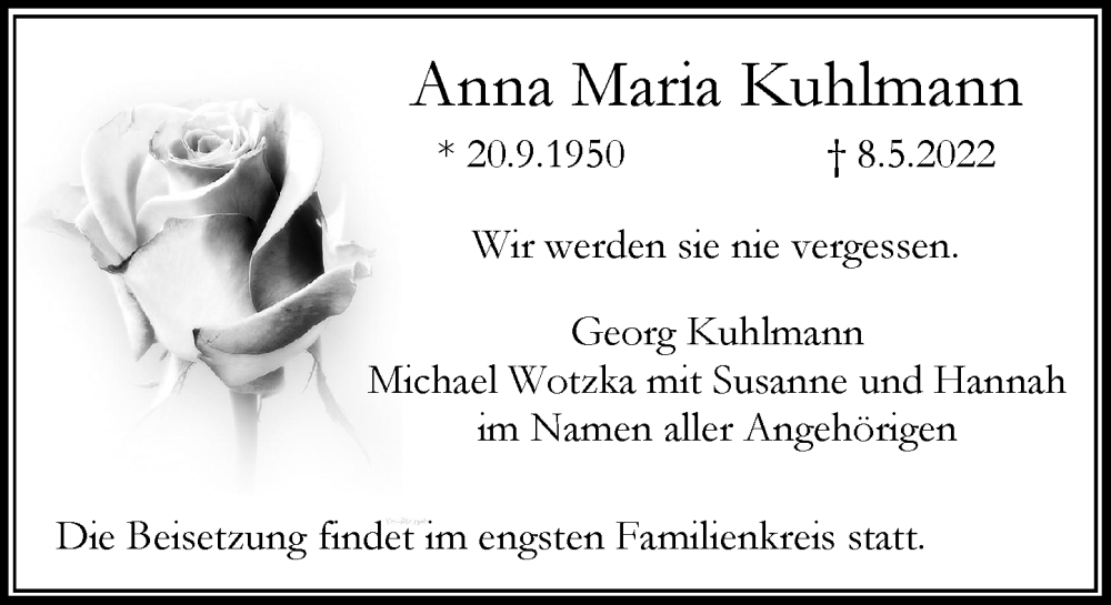  Traueranzeige für Anna Maria Kuhlmann vom 14.05.2022 aus Rheinische Post
