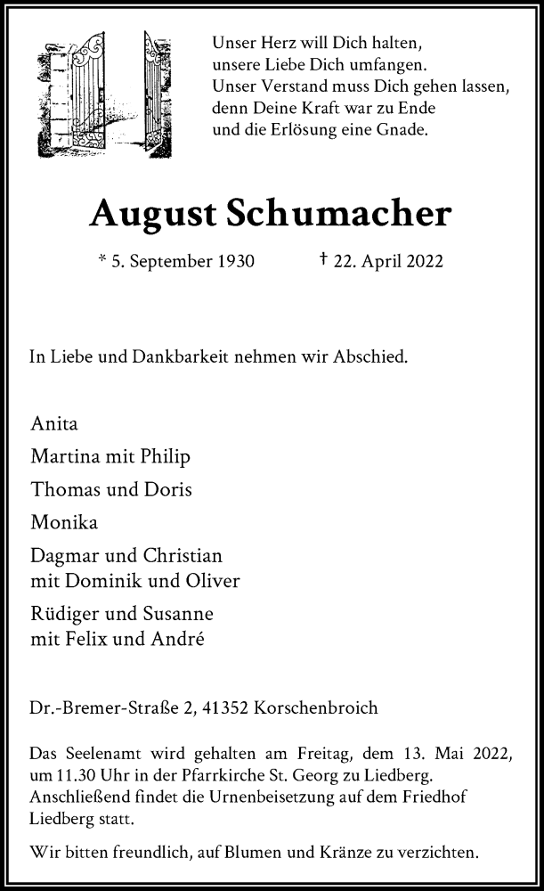  Traueranzeige für August Schumacher vom 07.05.2022 aus Rheinische Post