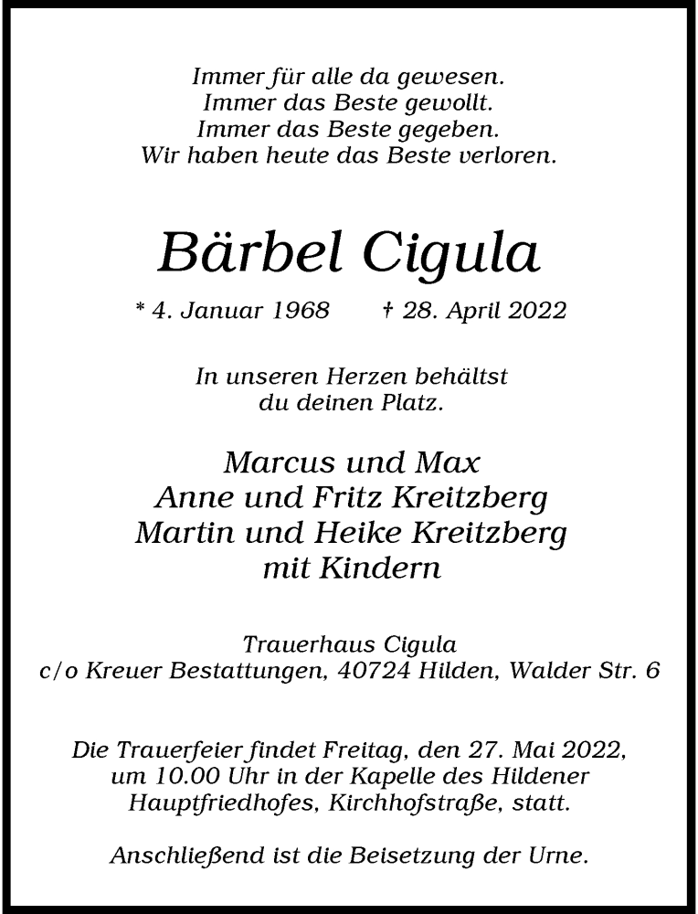  Traueranzeige für Bärbel Cigula vom 07.05.2022 aus Rheinische Post