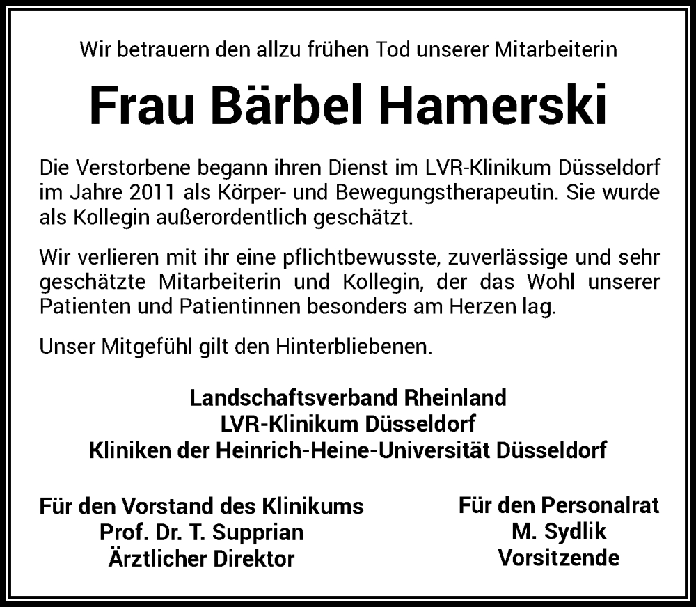  Traueranzeige für Bärbel Hamerski vom 14.05.2022 aus Rheinische Post