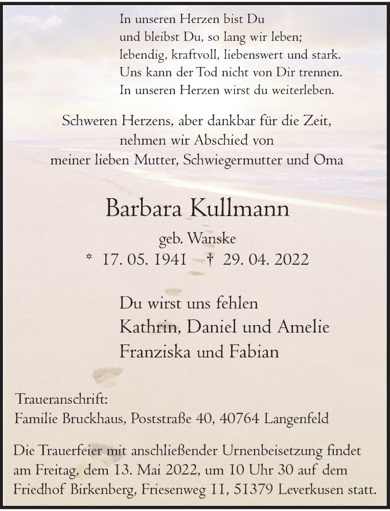 Traueranzeige für Barbara Kullmann vom 07.05.2022 aus Rheinische Post