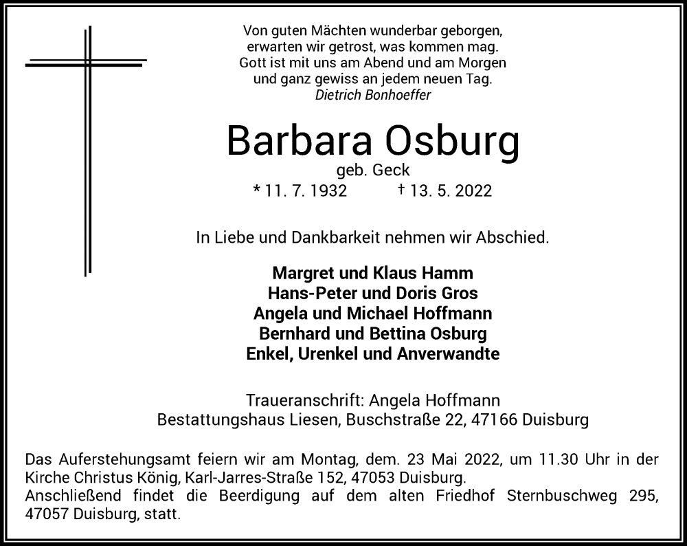  Traueranzeige für Barbara Osburg vom 18.05.2022 aus Rheinische Post
