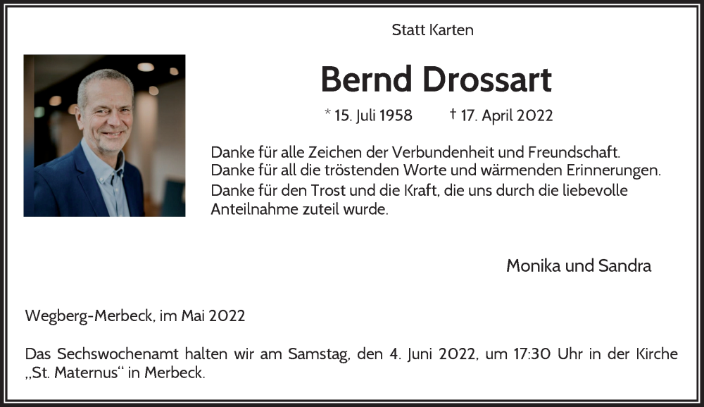  Traueranzeige für Bernd Drossart vom 28.05.2022 aus Rheinische Post