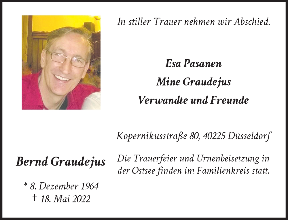  Traueranzeige für Bernd Graudejus vom 25.05.2022 aus Rheinische Post