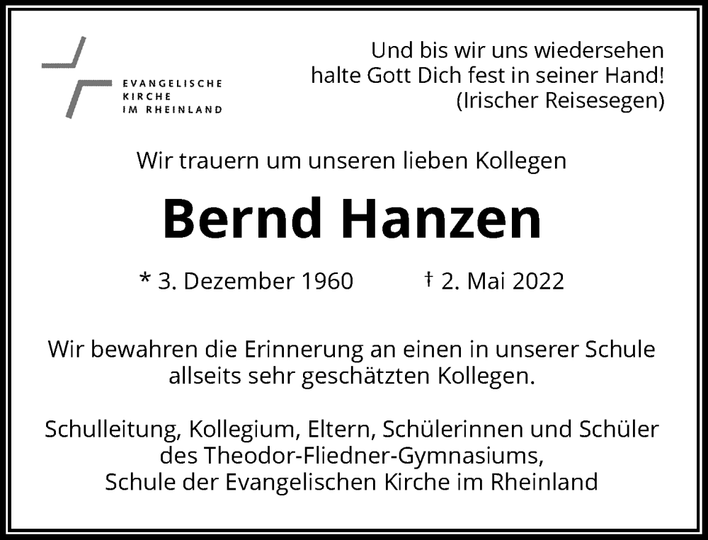  Traueranzeige für Bernd Hanzen vom 21.05.2022 aus Rheinische Post