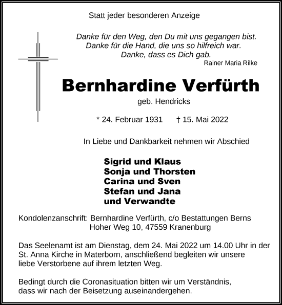 Traueranzeige von Bernhardine Verfürth von Rheinische Post