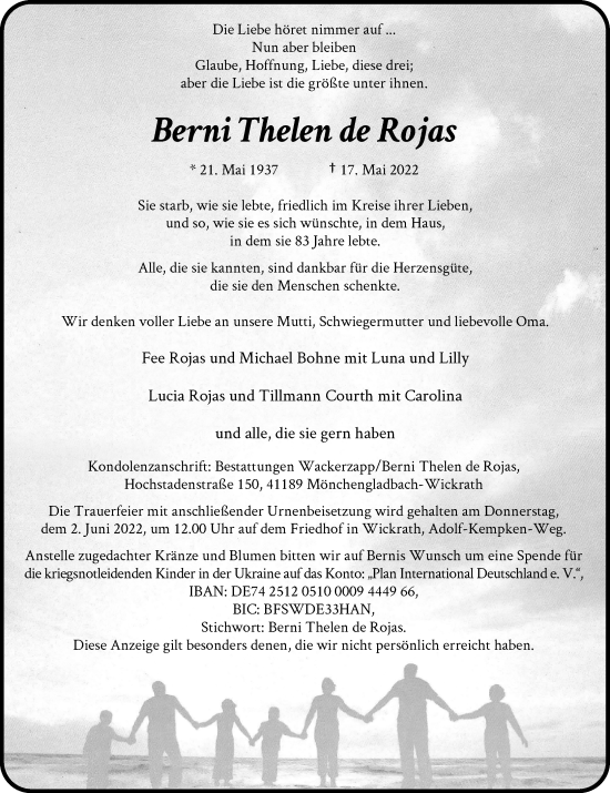 Traueranzeige von Berni  Thelen de Rojas von Rheinische Post