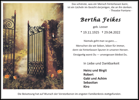 Traueranzeige von Bertha Feikes von Rheinische Post