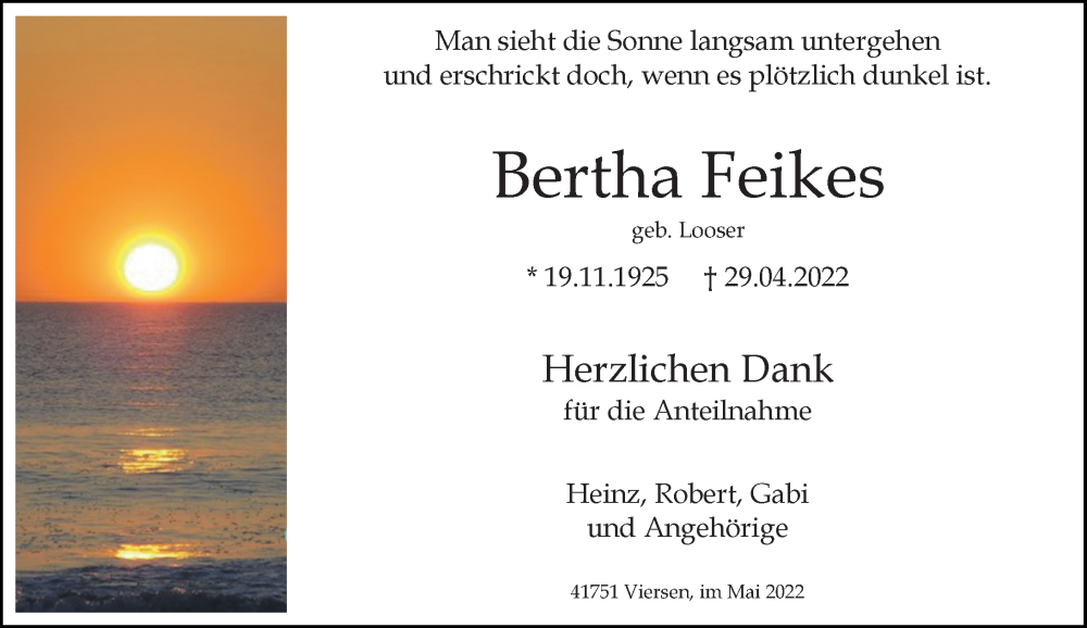  Traueranzeige für Bertha Feikes vom 28.05.2022 aus Rheinische Post