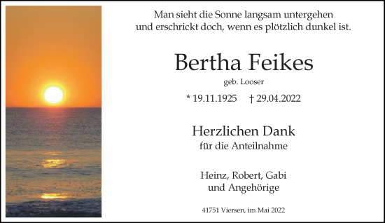 Traueranzeige von Bertha Feikes von Rheinische Post