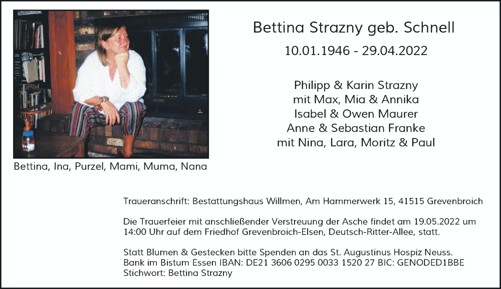  Traueranzeige für Bettina Strazny vom 07.05.2022 aus Rheinische Post