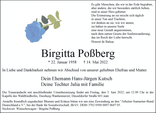 Traueranzeige von Birgitta Poßberg von Rheinische Post