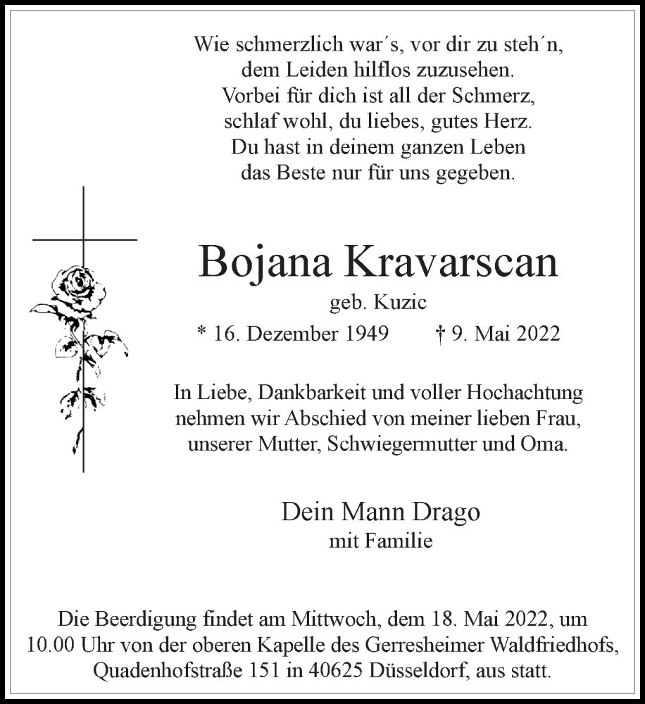  Traueranzeige für Bojana Kravarscan vom 14.05.2022 aus Rheinische Post