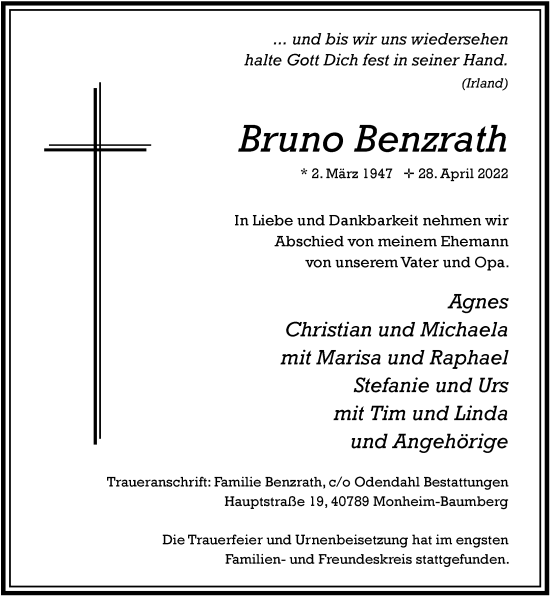 Traueranzeige von Bruno Benzrath von Rheinische Post