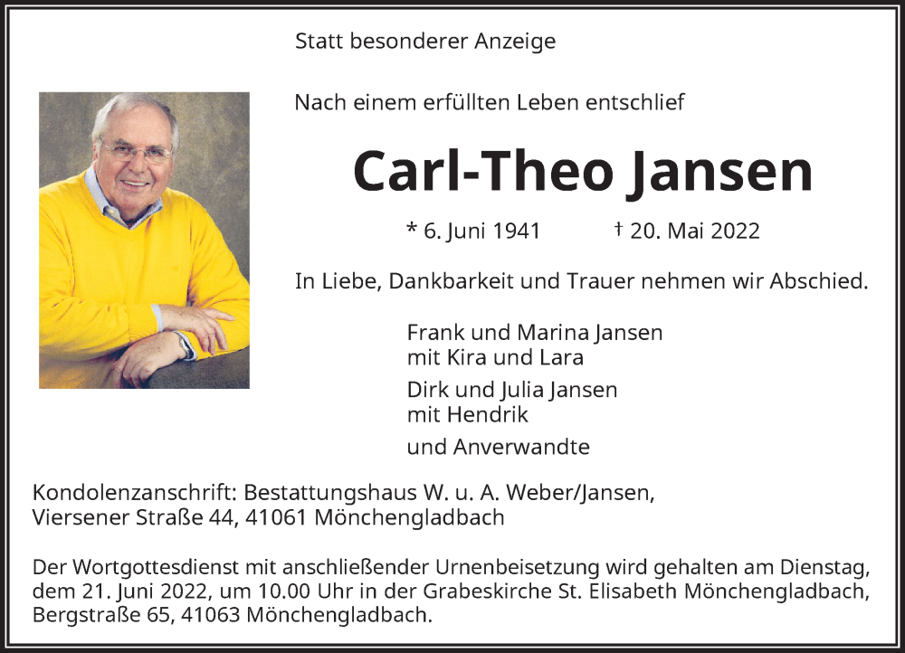  Traueranzeige für Carl-Theo Jansen vom 11.06.2022 aus Rheinische Post