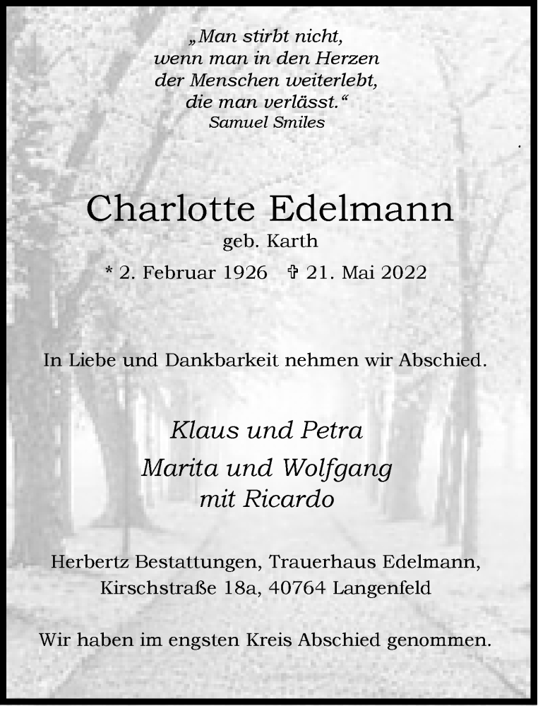  Traueranzeige für Charlotte Edelmann vom 28.05.2022 aus Rheinische Post