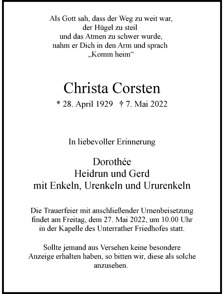  Traueranzeige für Christa Corsten vom 21.05.2022 aus Rheinische Post
