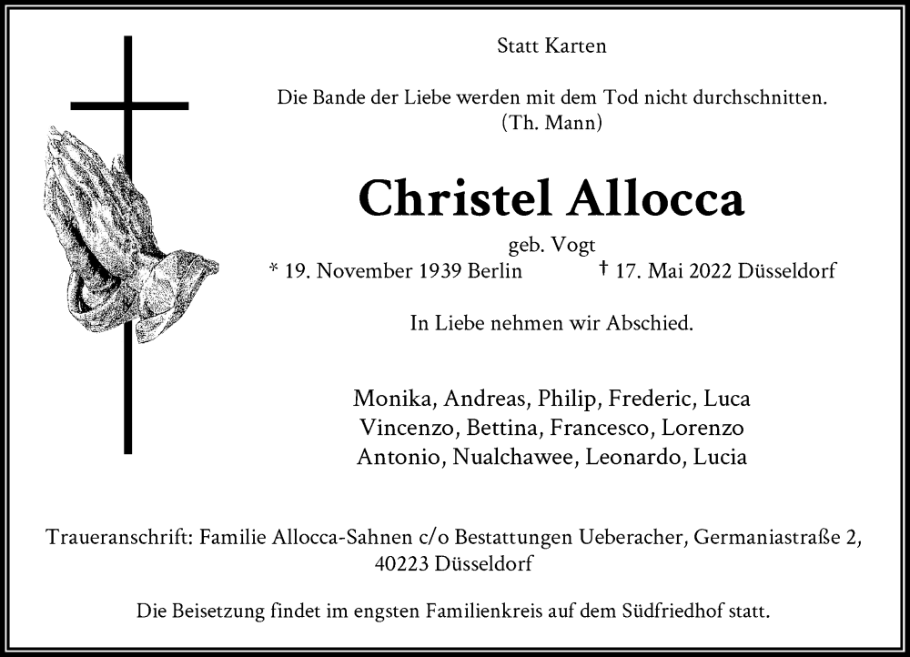  Traueranzeige für Christel Allocca vom 21.05.2022 aus Rheinische Post