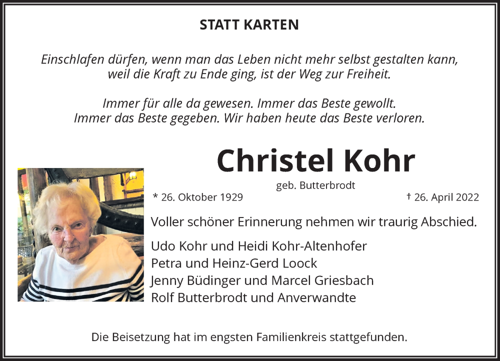  Traueranzeige für Christel Kohr vom 14.05.2022 aus Rheinische Post