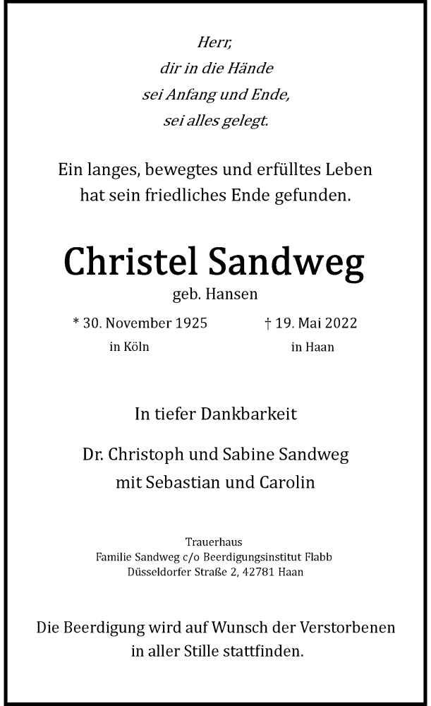  Traueranzeige für Christel Sandweg vom 21.05.2022 aus Rheinische Post