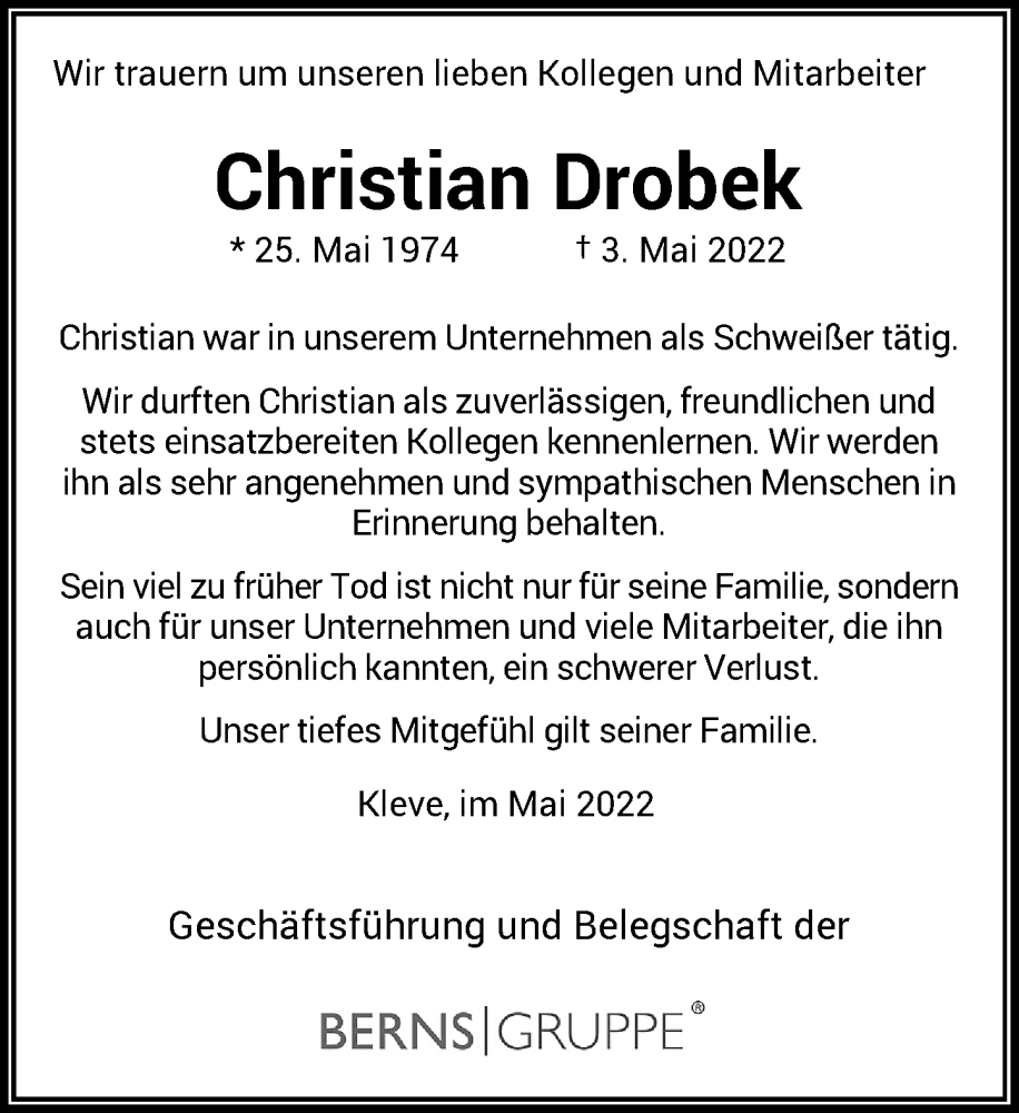  Traueranzeige für Christian Drobek vom 11.05.2022 aus Rheinische Post