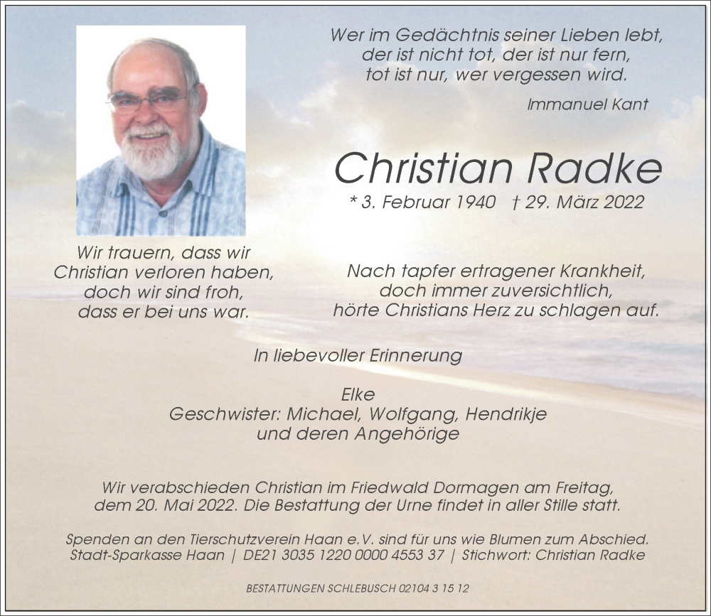  Traueranzeige für Christian Radke vom 07.05.2022 aus Rheinische Post