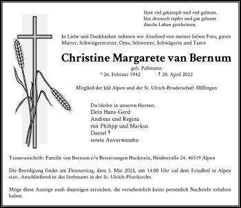 Traueranzeige von Christine Margarete van Bernum von Rheinische Post