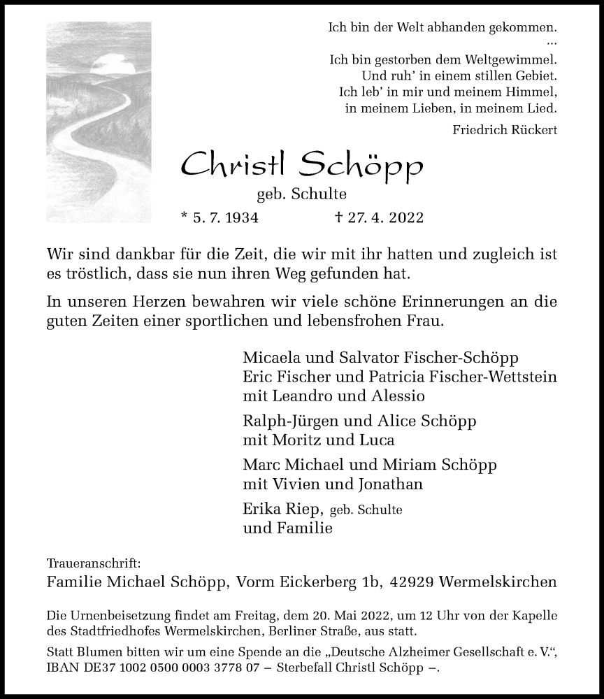  Traueranzeige für Christl Schöpp vom 07.05.2022 aus Rheinische Post
