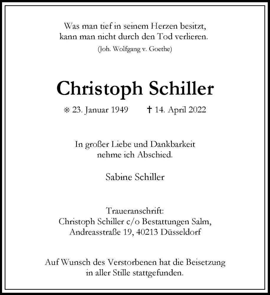  Traueranzeige für Christoph Schiller vom 14.05.2022 aus Rheinische Post