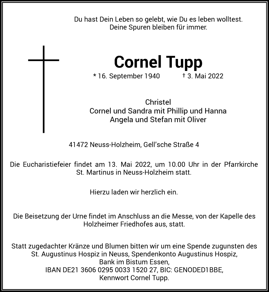  Traueranzeige für Cornel Tupp vom 07.05.2022 aus Rheinische Post