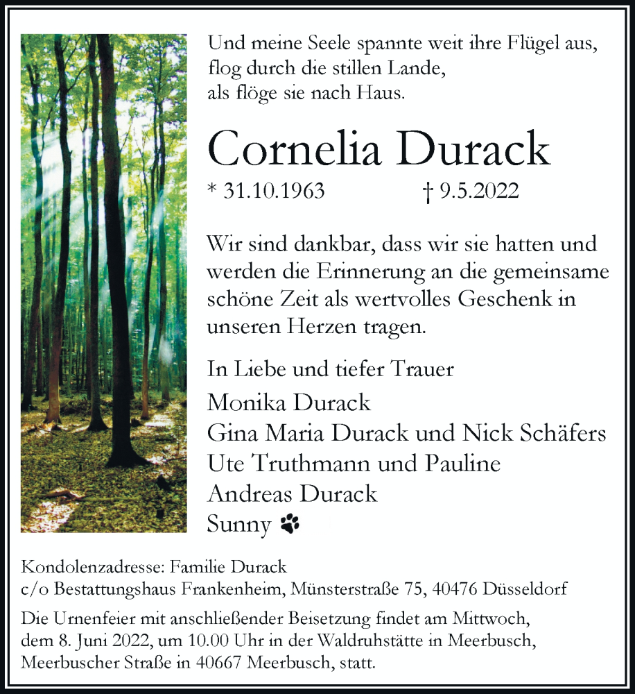  Traueranzeige für Cornelia Durack vom 14.05.2022 aus Rheinische Post