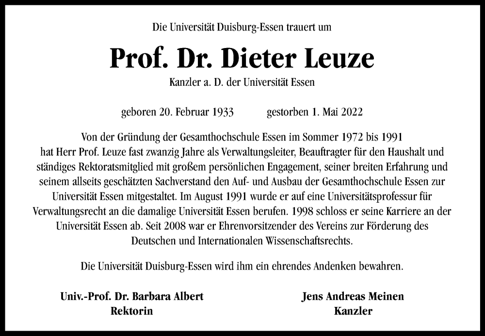  Traueranzeige für Dieter Leuze vom 21.05.2022 aus Rheinische Post