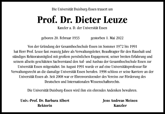 Traueranzeige von Dieter Leuze von Rheinische Post