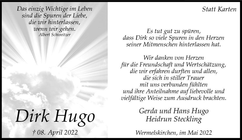  Traueranzeige für Dirk Hugo vom 14.05.2022 aus Rheinische Post