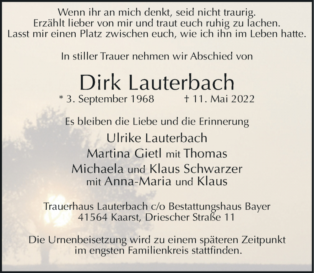  Traueranzeige für Dirk Lauterbach vom 21.05.2022 aus Rheinische Post