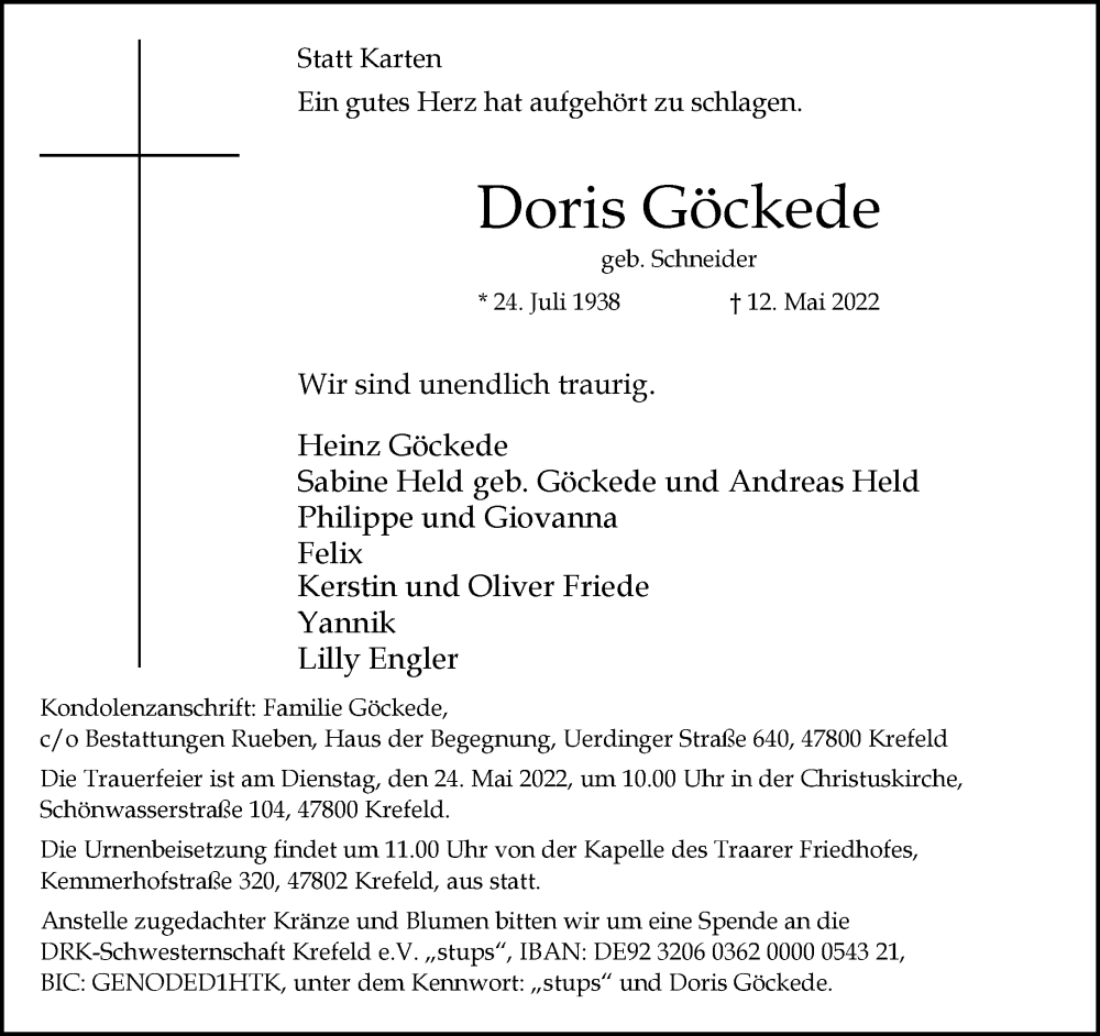  Traueranzeige für Doris Göckede vom 21.05.2022 aus Rheinische Post