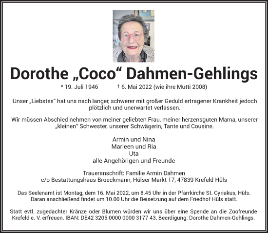 Traueranzeige von Dorothe Dahmen-Gehlings von Rheinische Post