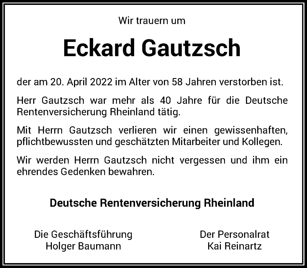  Traueranzeige für Eckard Gautzsch vom 14.05.2022 aus Rheinische Post