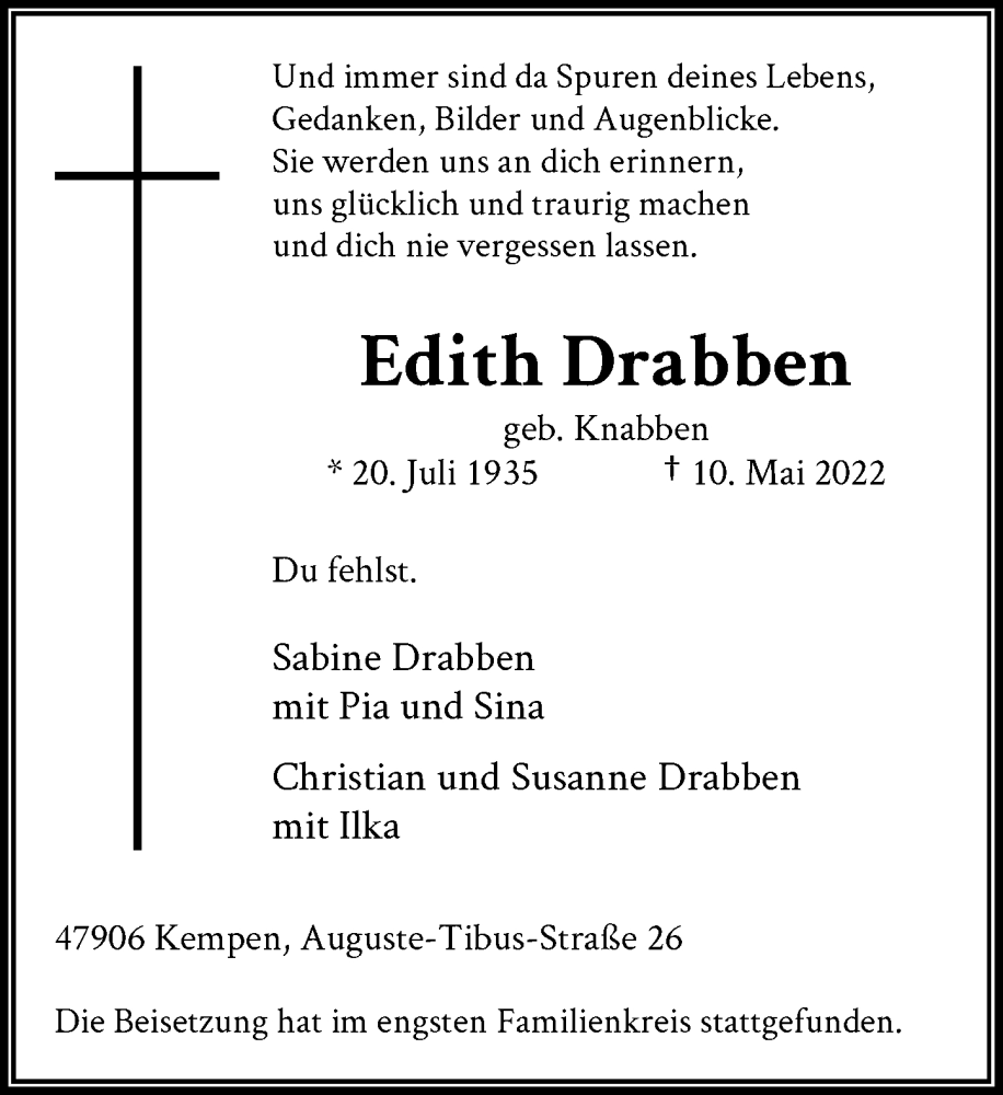  Traueranzeige für Edith Drabben vom 31.05.2022 aus Rheinische Post