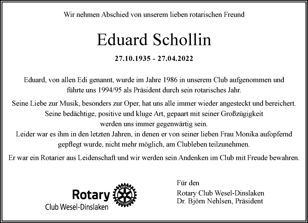  Traueranzeige für Eduard Schollin vom 14.05.2022 aus Rheinische Post