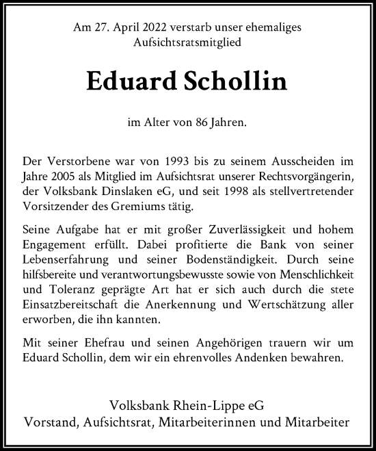 Traueranzeige von Eduard Schollin von Rheinische Post