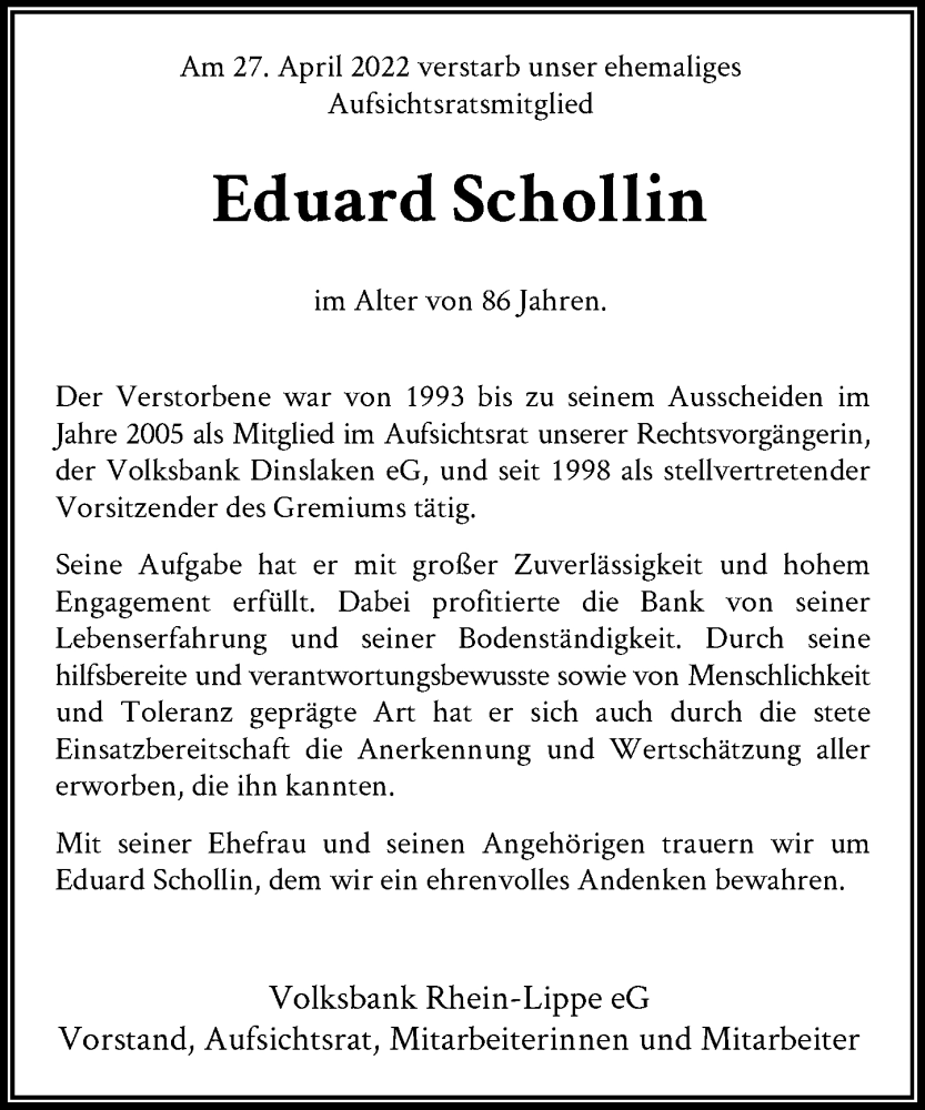  Traueranzeige für Eduard Schollin vom 07.05.2022 aus Rheinische Post