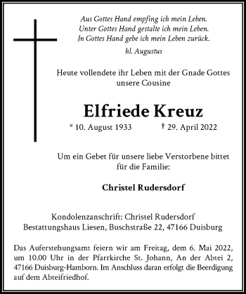 Traueranzeige von Elfriede Kreuz von Rheinische Post