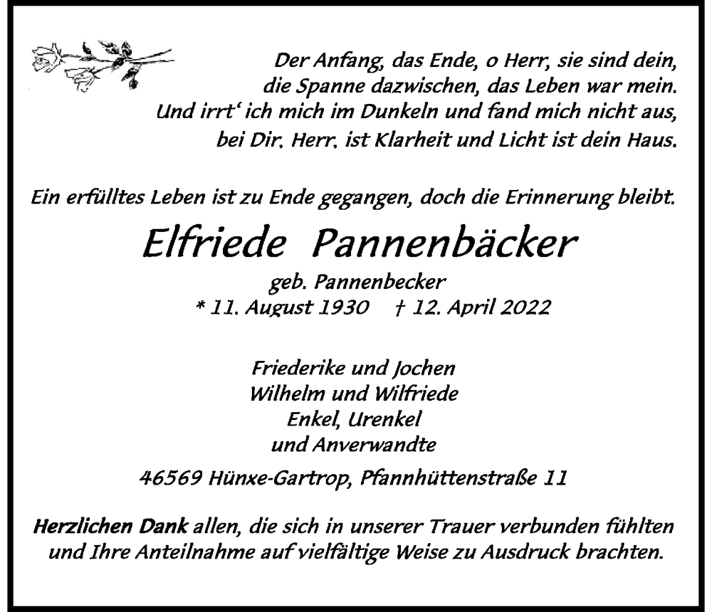  Traueranzeige für Elfriede Pannenbäcker vom 28.05.2022 aus Rheinische Post