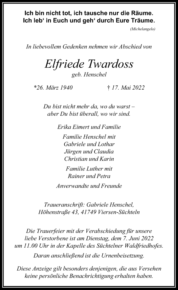  Traueranzeige für Elfriede Twardoss vom 01.06.2022 aus Rheinische Post