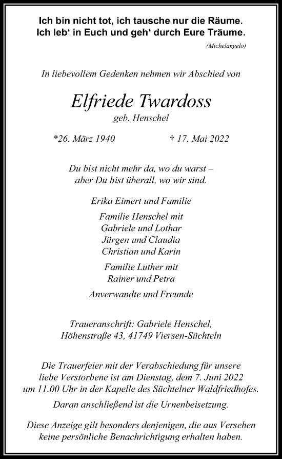 Traueranzeige von Elfriede Twardoss von Rheinische Post