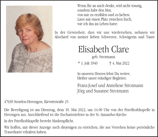 Traueranzeige von Elisabeth Clare von Rheinische Post