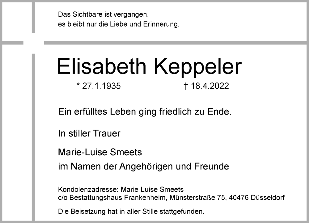  Traueranzeige für Elisabeth Keppeler vom 07.05.2022 aus Rheinische Post