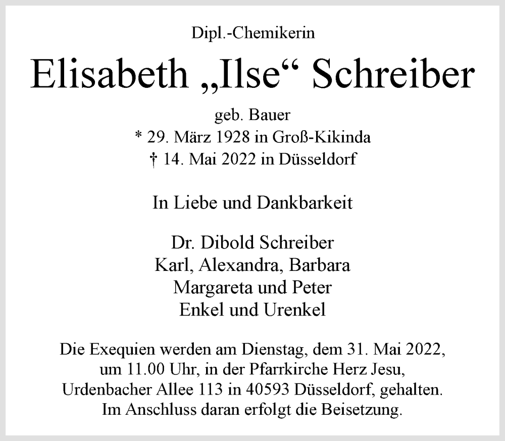  Traueranzeige für Elisabeth Schreiber vom 21.05.2022 aus Rheinische Post