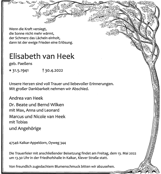 Traueranzeige von Elisabeth van Heek von Rheinische Post